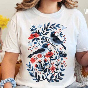 Flower Shirt, Bird Shirt, Summer Shirt, Garden Shirt, Nature Shirt